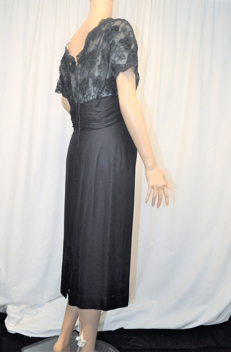 Vintage 1950s black crepe and lace cocktail dress with straight skirt and lace underlined bodice image 3