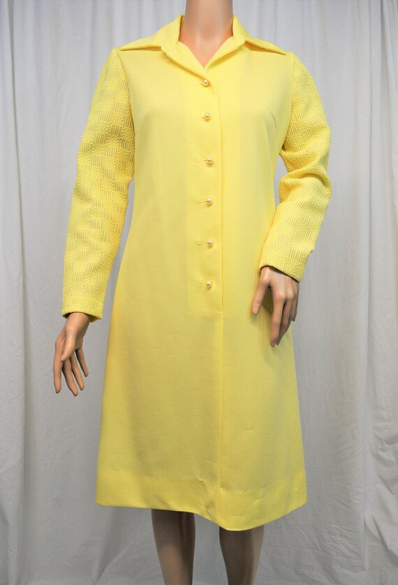 Vintage 1970s bright yellow button front dress wi… - image 2