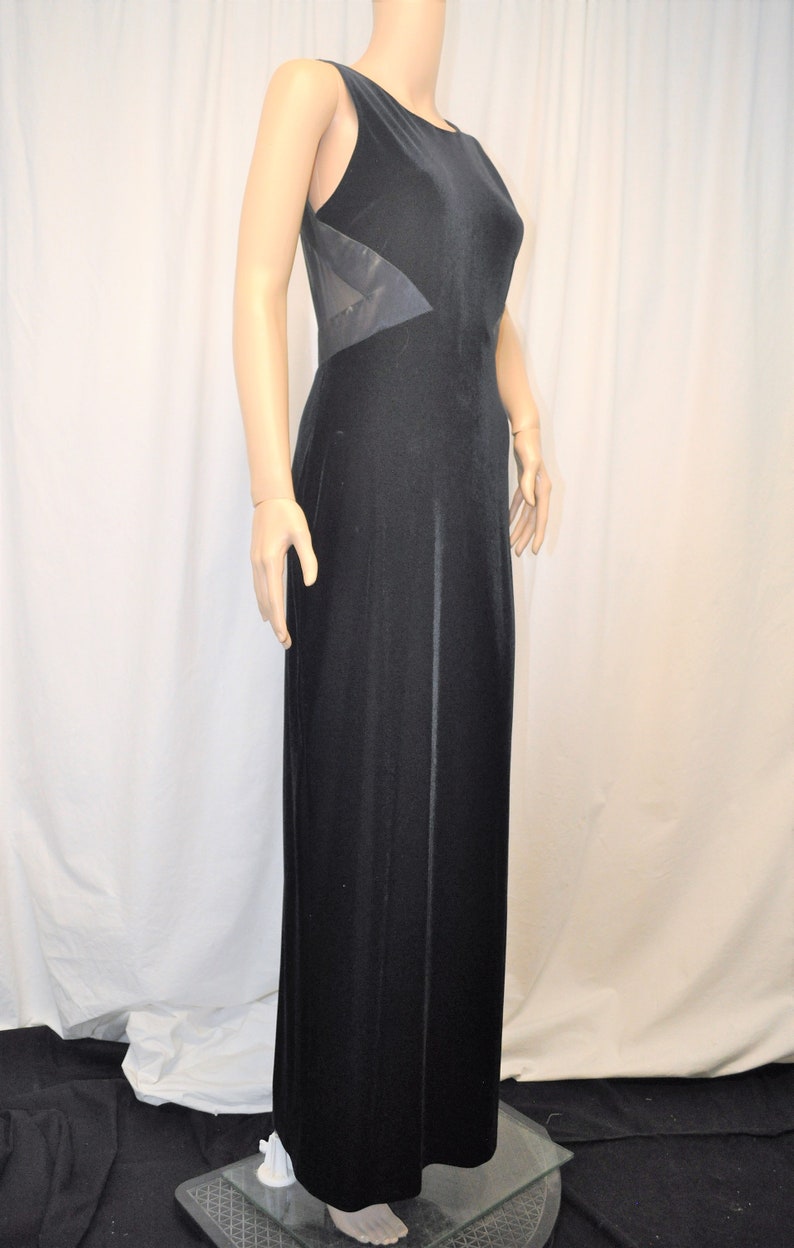 Vintage 1980s 1990s black velvet, satin, and sheer floor length sheath sleeveless evening gown by Rhapsody image 2