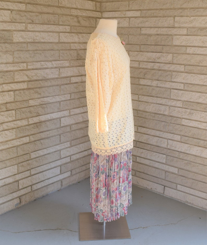 Vintage 1980s boho loose cut dress with floral print pleated skirt and crochet cotton long tunic by Positive Attitude size 5 6