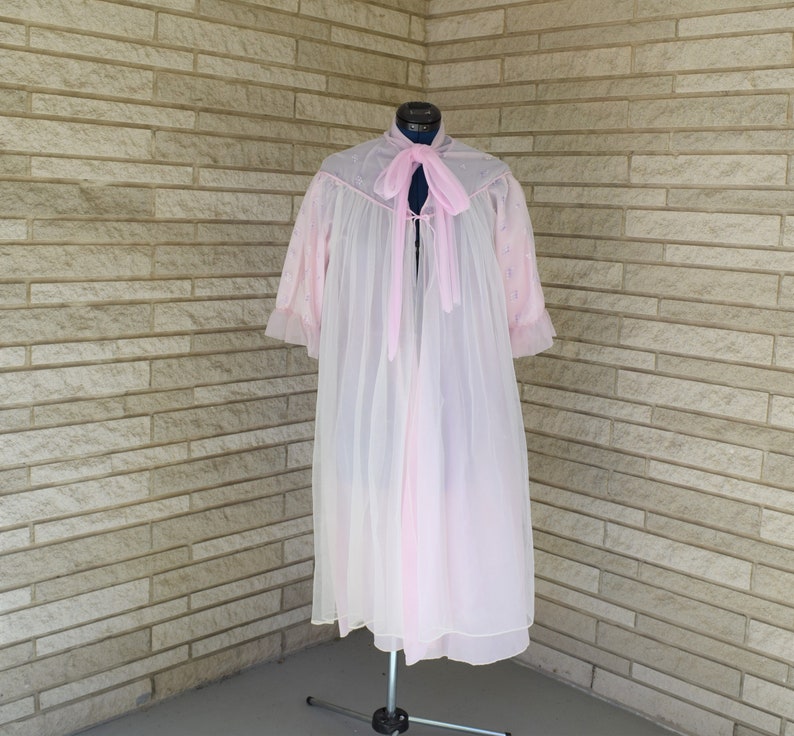 Vintage 1960s 1970s sheer nylon tie front waltz length peignoir style robe with small purple flower embroidery