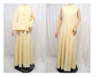 Vintage 1970s off white double knit sleeveless maxi floor length dress with long sleeve button front jacket