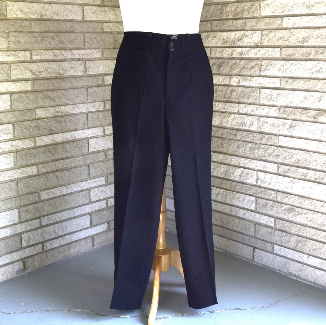 VINTAGE Size 35 Black Pleated Wool Tuxedo Dress Pants