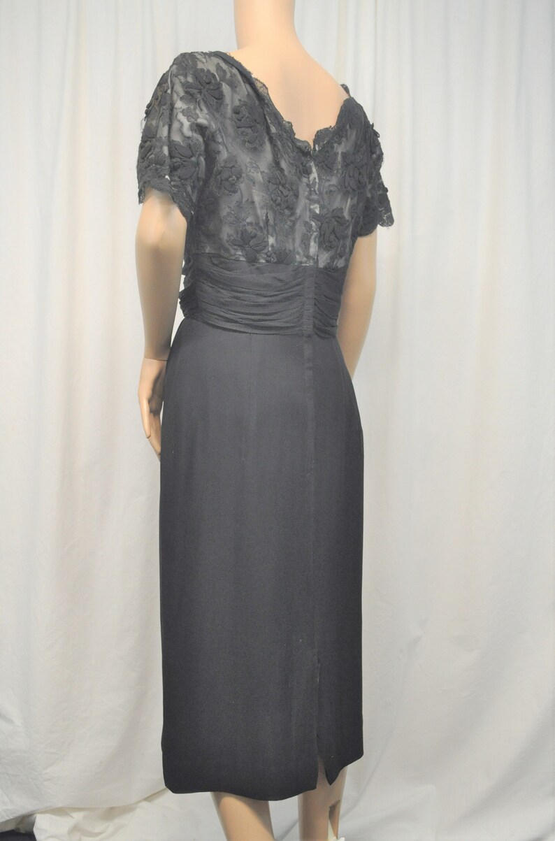 Vintage 1950s black crepe and lace cocktail dress with straight skirt and lace underlined bodice image 5