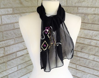 Vintage 1970s 1980s black chiffon with sequin embellishment scarf