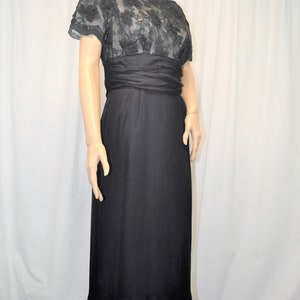 Vintage 1950s black crepe and lace cocktail dress with straight skirt and lace underlined bodice image 2