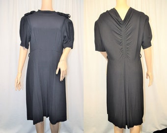 Vintage 1930s 1940s black rayon faille cocktail party dress slipover with shirred center seam and shoulder loop accents