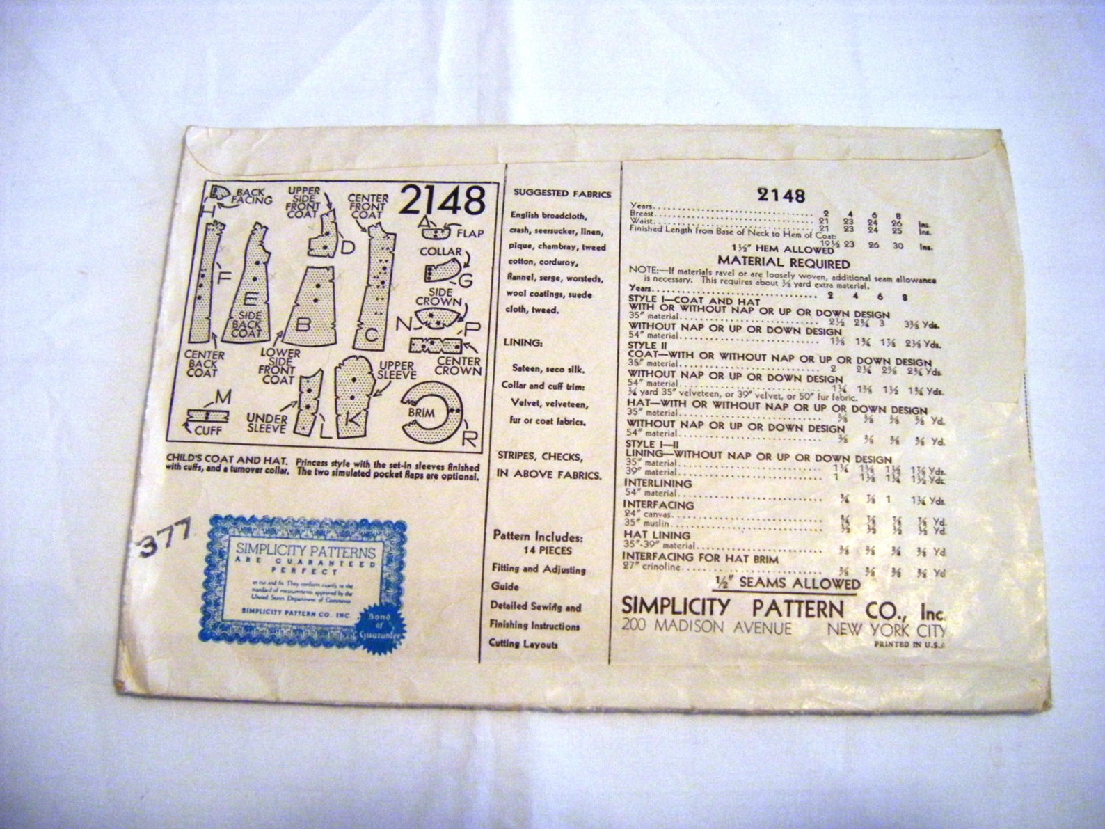 Vintage 1930s Girls Toddler Coat Pattern Simplicity 2148 Sewing Pattern ...