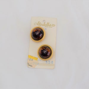 Vintage 1960s 1970s Brown plastic buttons with gold tone edge - set of 2 on card by Modella, shank, 1 1/8&quot; diameter, NOS
