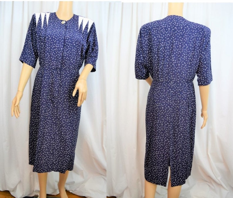 Vintage 1980s Positive Influence navy blue with white geometric dots and trim button front elbow length sleeves