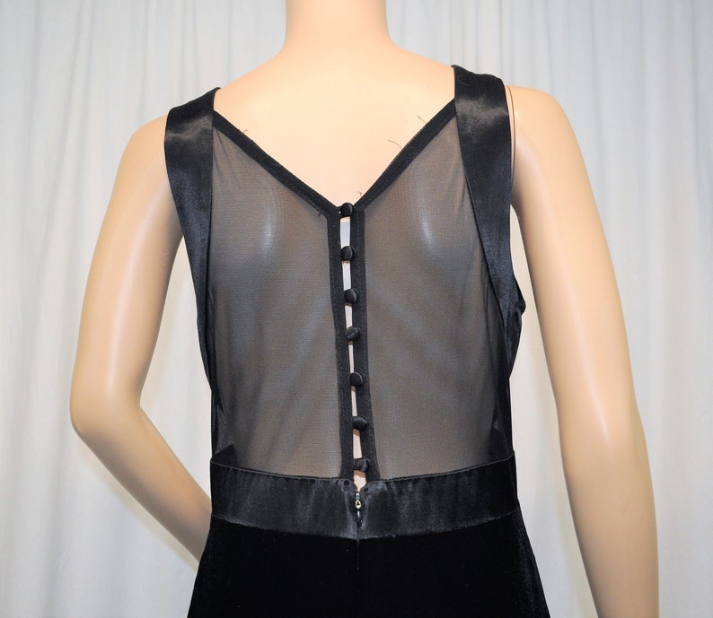 Vintage 1980s 1990s black velvet, satin, and sheer floor length sheath sleeveless evening gown by Rhapsody image 8