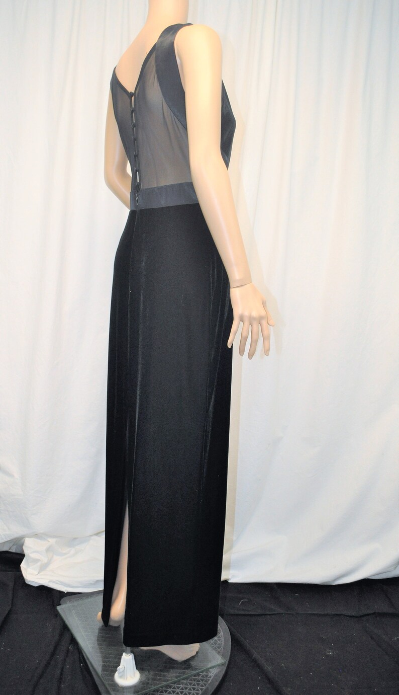 Vintage 1980s 1990s black velvet, satin, and sheer floor length sheath sleeveless evening gown by Rhapsody image 3