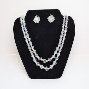 1950s vintage aurora borealis faceted crystal double strand necklace and earring set
