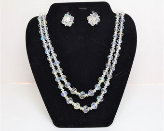 1950s vintage aurora borealis faceted crystal double strand necklace and earring set