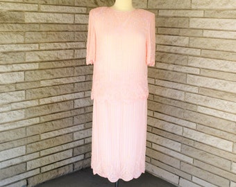 Vintage 1980s pink beaded silk 2 piece dress with short sleeves and pull on skirt by Candlelight size S
