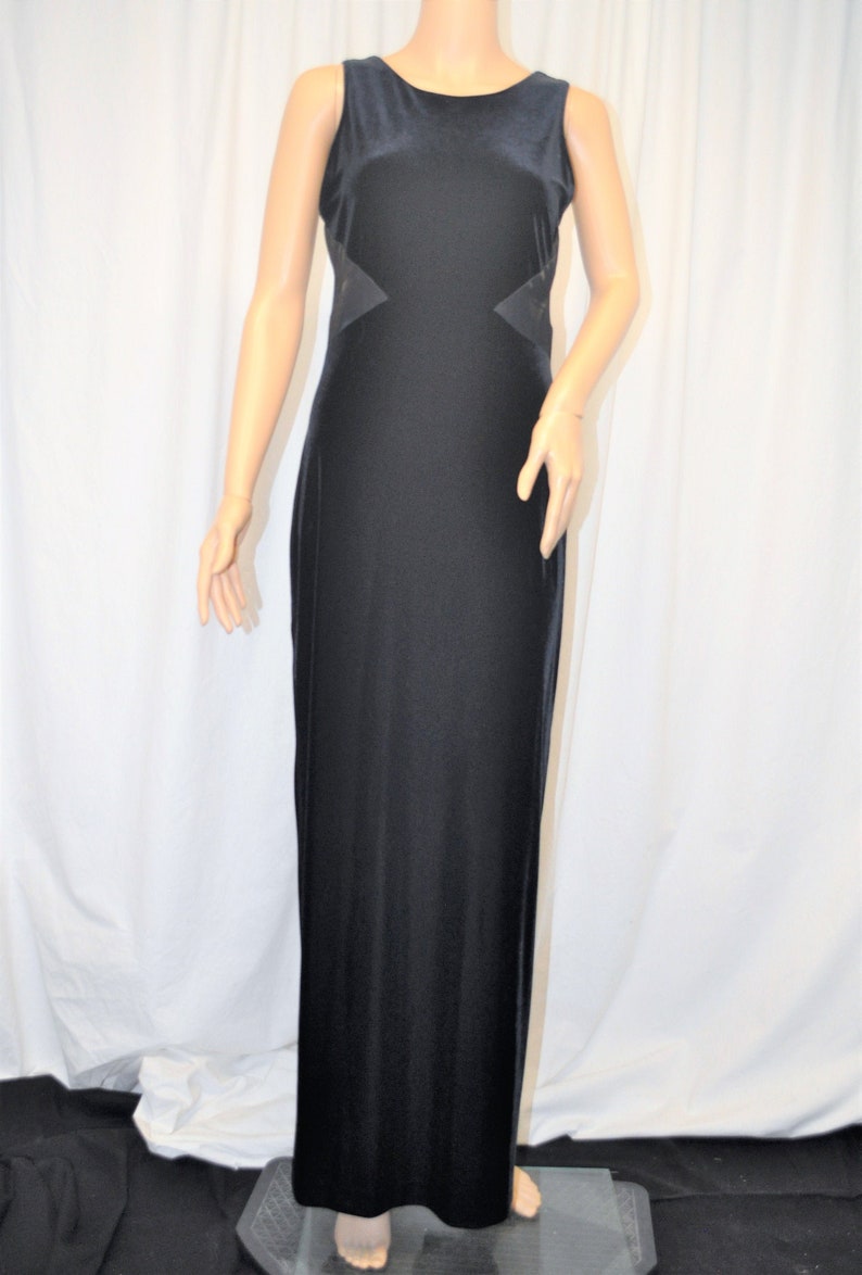 Vintage 1980s 1990s black velvet, satin, and sheer floor length sheath sleeveless evening gown by Rhapsody image 1