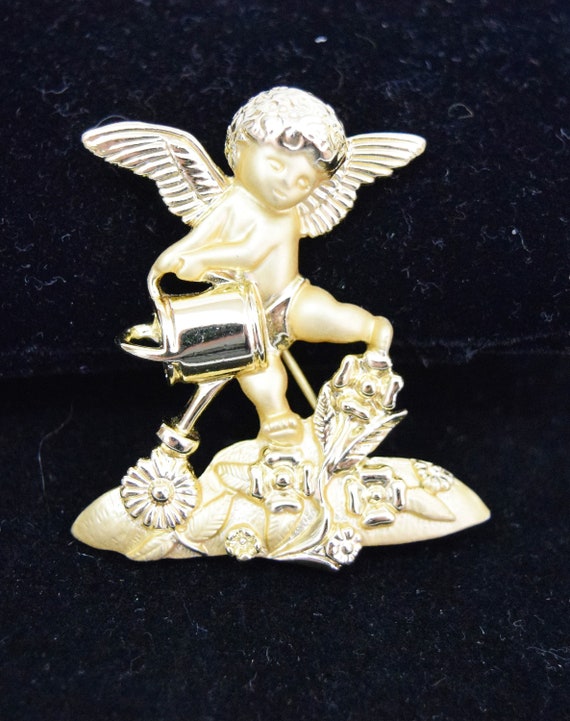 Vintage 1980s 1990s AJC cherub angel gardening br… - image 1