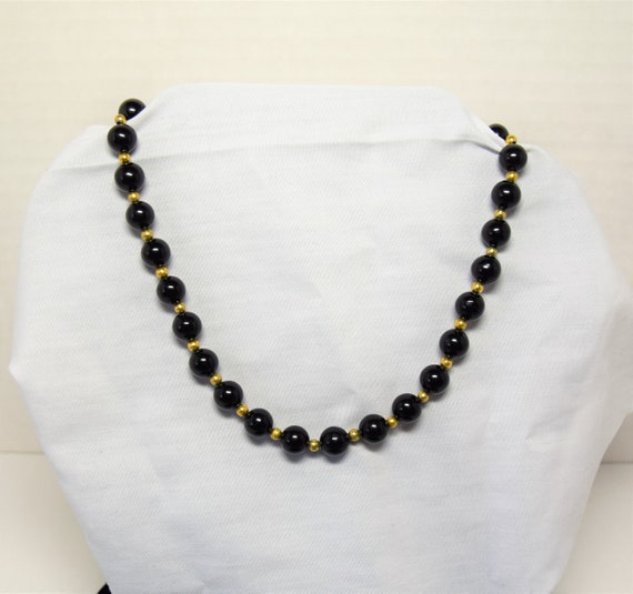 Vintage 1950s black bead and gold tone seed bead … - image 1