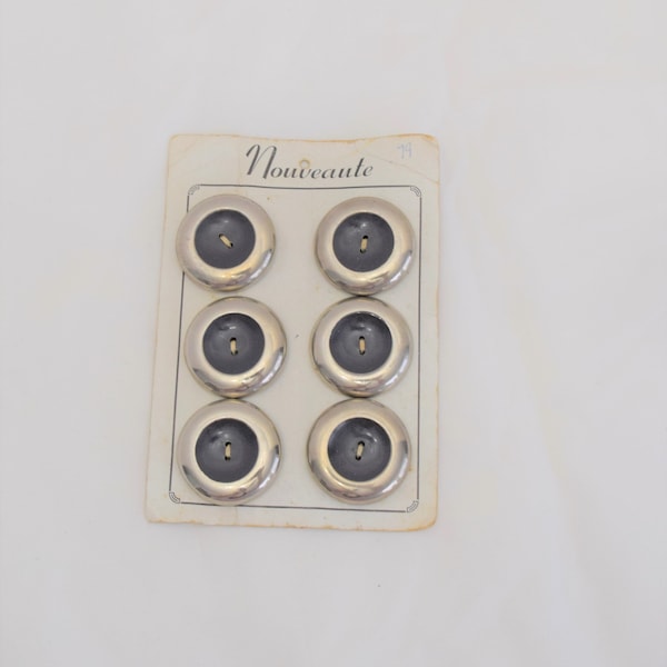 Vintage 1950s 1960s Large coat buttons silver tone and black, 2 hole, metal by Nouveaute set of 6 NOS on card