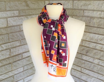 Vintage 1960s 1970s wide Mademoiselle Ricci maroon, orange, green abstract print silk scarf