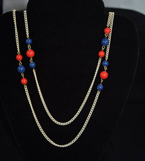 1980s white metal with red and blue bead 52" neck… - image 2