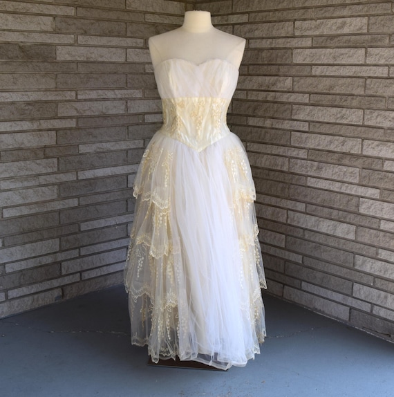 Vintage 1950s White and off White tulle and lace strapless gown by Sylvia Ann Bridal Originals Vintage 1950s White and off White tulle and lace strapless gown by Sylvia Ann Bridal Originals