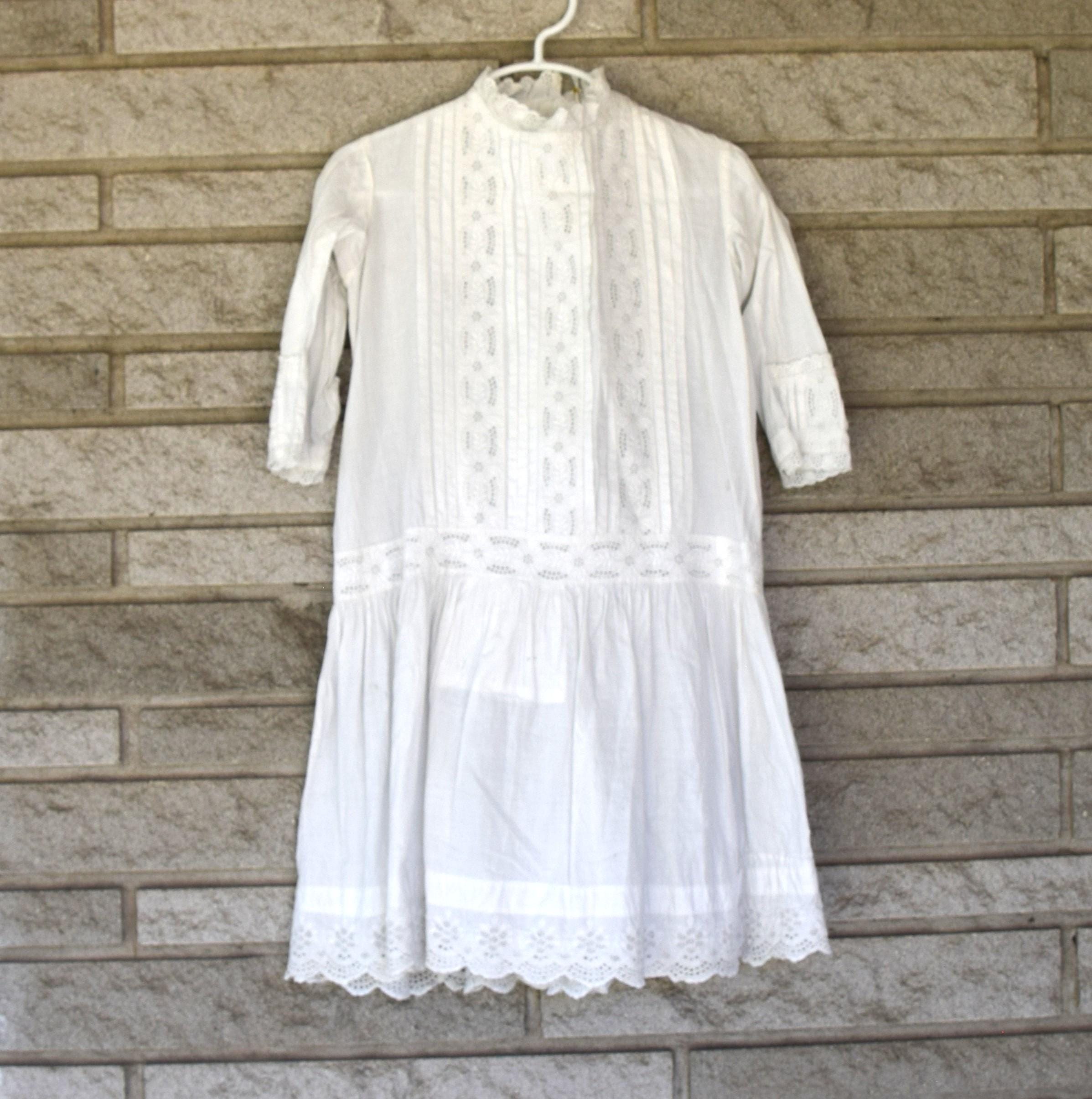 Vintage Edwardian Early 1900s White Cotton Girl's Drop Waist Dress With  Tucking, Embroidered Trim, Button Back - Etsy