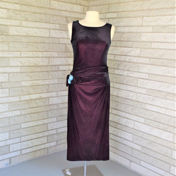 Vintage 1990s burgundy maroon stretch velvet gown formal floor length dress party dress with hip wrap by Hype size S