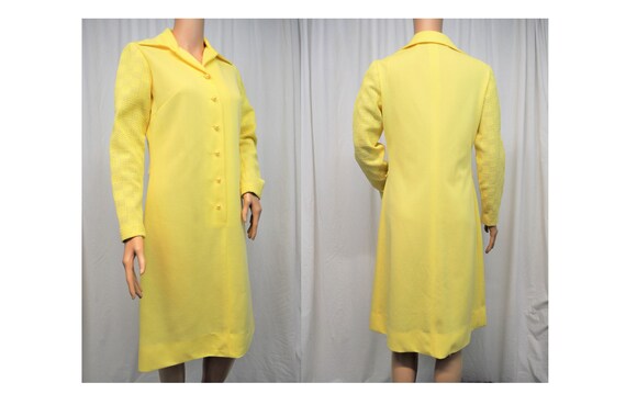 Vintage 1970s bright yellow button front dress wi… - image 1