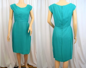 Vintage 1960s Miss Elliette of California emerald green ruched sleeveless, wiggle skirt cocktail dress