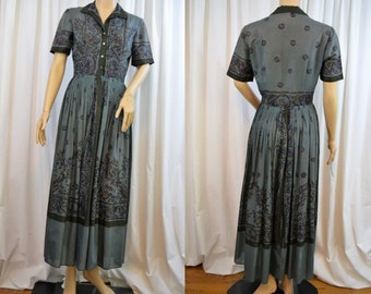 Vintage 1950s 1960s L'aiglon gray border print short sleeve button front day dress