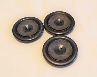 Vintage 1950s 1960s Dark brown plastic coat buttons, 2 hole, set of 3, measures 1 3/4" diameter