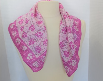 Vintage 1960s square scarf flower print scarf in fuschia and white