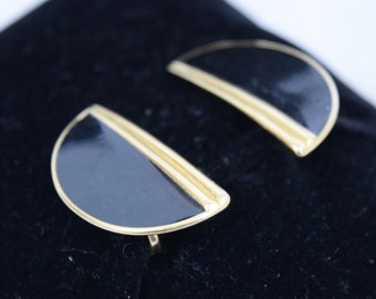 Vintage 1980s Trifari crown signed half circle gold tone and black enamel clip on earrings