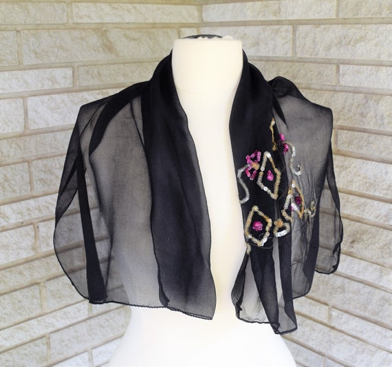 Vintage 1970s 1980s black chiffon with sequin emb… - image 2