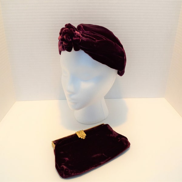 Vintage 1920s 1930s garnet maroon silk velvet turban and evening clutch