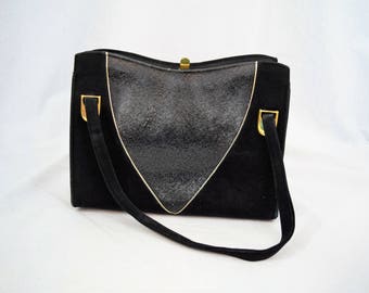 Vintage 1960s black suede top handle purse handbag