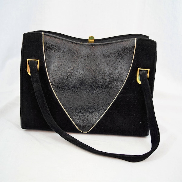 Vintage 1960s black suede top handle purse handbag