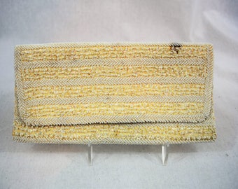 Vintage 1950s white satin, sequin and beaded evening bag envelope clutch Hand Made in Hong Kong for La Regale LTD