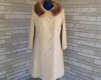 Vintage 1960s tan ribbed boucle double breasted princess seam coat with mink collar by Presentation