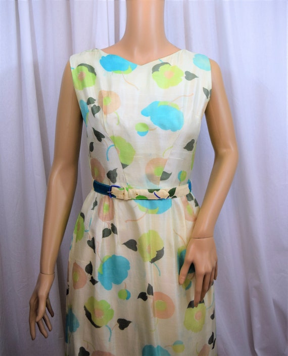 Vintage 1960s teal and tan flower silk sleeveless… - image 5