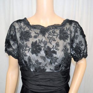 Vintage 1950s black crepe and lace cocktail dress with straight skirt and lace underlined bodice image 6