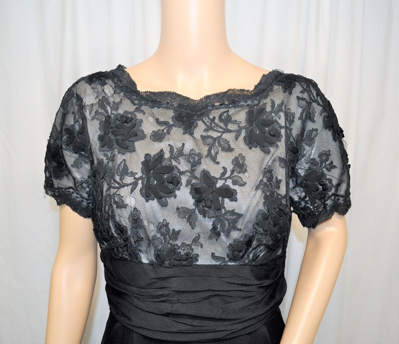 Vintage 1950s black crepe and lace cocktail dress with straight skirt and lace underlined bodice image 6