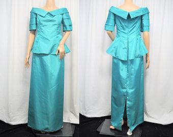 Vintage 1980s 1990s teal dinner dress evening gown with elbow length sleeves