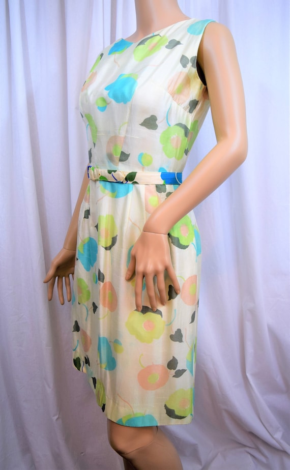 Vintage 1960s teal and tan flower silk sleeveless… - image 2