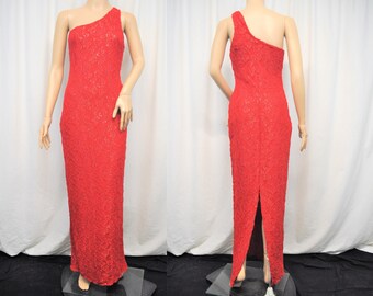 Vintage 1990s red lace, one shoulder floor length sheath pullover evening gown with long back slit