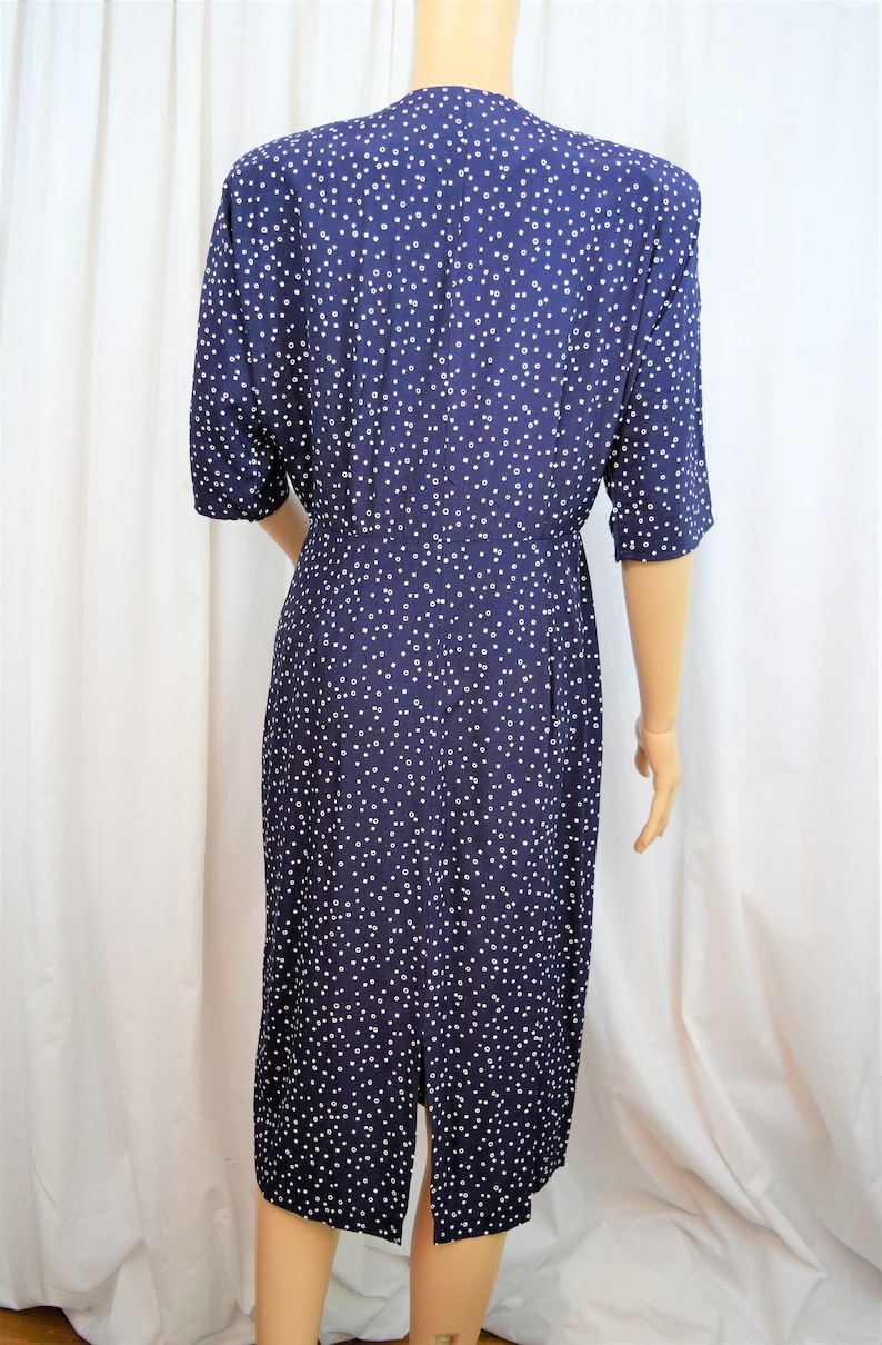 Vintage 1980s Positive Influence navy blue with white geometric dots and trim button front elbow length sleeves