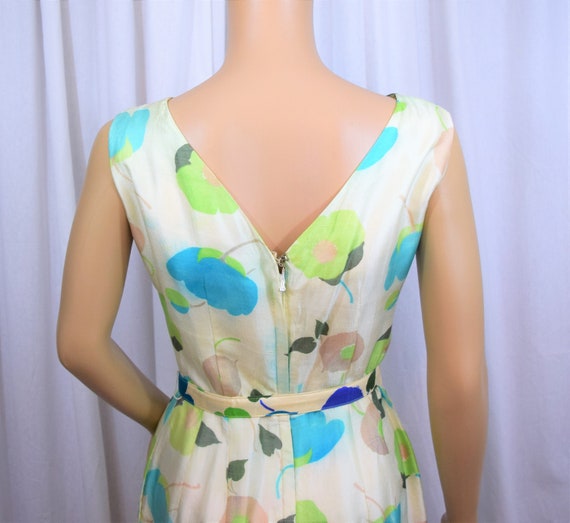 Vintage 1960s teal and tan flower silk sleeveless… - image 6