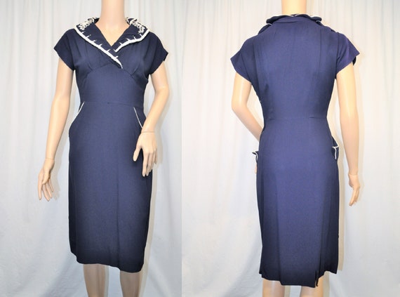 Vintage 1940s 1950s navy blue short sleeve day dr… - image 1