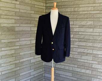Vintage 1980s classic navy blue wool blazer with gold tone buttons by Mays of Michigan